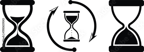  Vector icon set of hourglasses with falling sand.set of sand clock illustrations with varying frames and sand amounts. Hourglass shapes in multiple variations. Vector icon set of hourglasses.