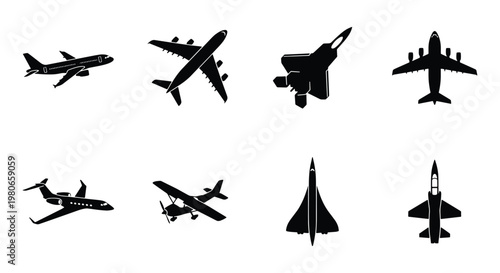 Black airplane silhouette set, collection of 8 aircraft icons, commercial jet and military plane vector elements, aviation transport symbols for travel design