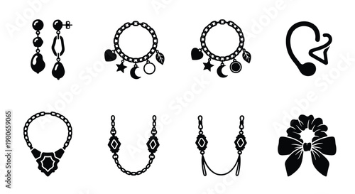 Tableau sur toile Black jewelry icons set, elegant fashion accessories collection, minimalist vect