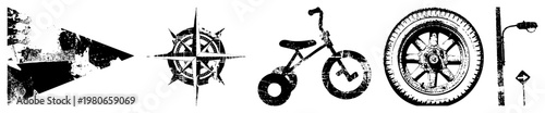 Vintage distressed vector including compass rose, balance bike, car tire, and streetlamp, ideal for urban design or retro branding.