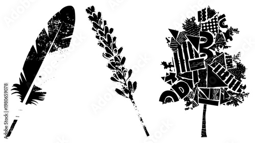 Grunge styled black silhouettes of feather, lavender, and text tree, isolated vector art, graphic design elements, distressed textures, artistic motifs.