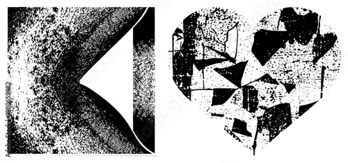 Stylized broken heart composed of fragmented polygonal shapes, halftone dot texture, vector art, graphic design element, distressed aesthetic.