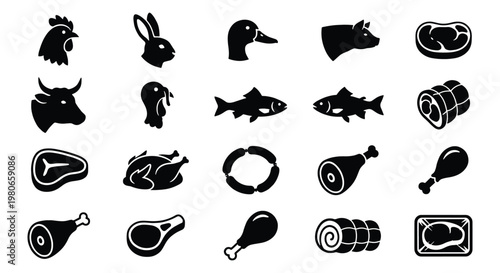 Butcher shop meat icons set, 20 black vector silhouettes of farm animals and poultry, fresh beef and pork cuts for grocery store signage