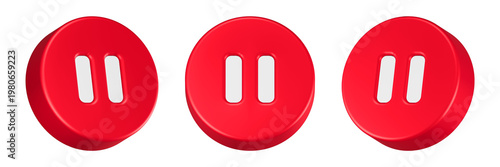 pause button icon 3d render red circle