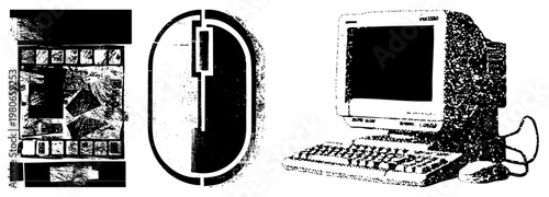 Retro computer system featuring CRT monitor, keyboard, and mouse, rendered in halftone dot, digital era tech, pixelated aesthetic, 90s computing equipment.