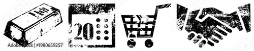 Black and white distressed gold ingot, 20% off tag, cart, handshake, vector symbols, flat design, business and finance, e commerce, sale, deal.