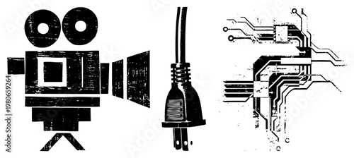 Stylized black and white vector vintage movie camera, electrical plug, and abstract circuitry, gritty textured design, tech and symbols.