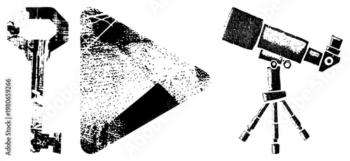 Retro styled including key, play button, and telescope with halftone texture, vector art, distressed design,, graphic symbols.