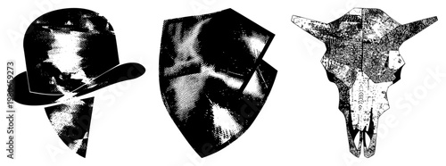 Retro styled halftone graphics featuring a top hat, shield emblem, and bull skull, rendered in black and white vector art with grainy texture. Perfect for punk, gothic, or vintage branding.