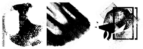 Stylized shapes with halftone texture, geometric forms, vector art, graphic design elements, abstract composition, isolated foreground, digital illustration.