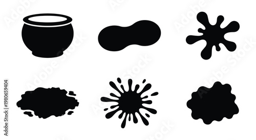 Black ink splat and liquid silhouettes, set of 6 vector icons including pot and paint splashes, artistic blot and stain collection for design