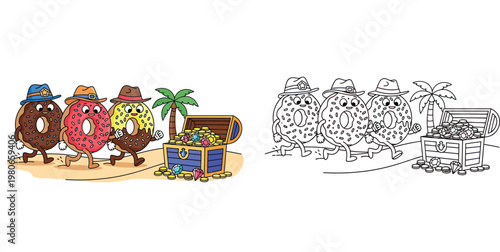 Pirate Donut Characters Finding Treasure Chest on Beach Cartoon, Coloring Book Illustration with Color and Line Art Versions