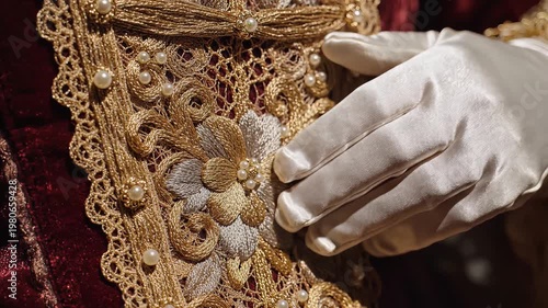 Close up of ornate golden embroidery fabric