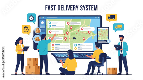 Fast Delivery System: A dynamic illustration showcases a fast delivery system with a team of people collaborating to ensure the efficient tracking and swift delivery of packages, symbolizing speed.