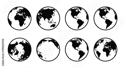 Minimalist world globe icons set, black and white earth sphere vector collection, global map silhouettes showing different continents and viewpoints
