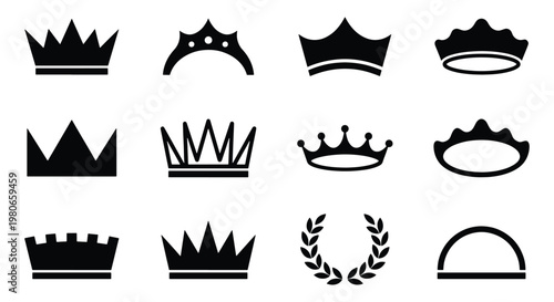 Minimalist crown icons set, black royal tiara and diadem silhouettes, 12 vector elements for luxury branding and heraldic logos