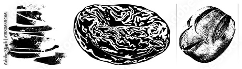 Coffee bean with intricate, coffee grinder silhouette, coffee cup, all in halftone vector style, isolated graphic elements.