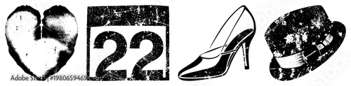 Distressed black and white broken heart, date stamp 22, stiletto heel, fedora hat grunge texture, symbolic, graphic design elements.