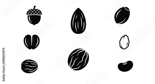 Minimalist nut and seed icons set, black silhouette organic food symbols, 9 vector elements including almond, acorn, walnut, and bean
