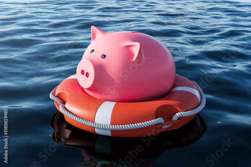Cuadro en lienzo Pink piggy bank floating on an orange lifebuoy across calm ocean water as a financial security and savings protection concept illustration