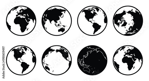 Minimalist world globe icons set, 8 black and white earth vector symbols, global map silhouettes showing different continents and perspectives