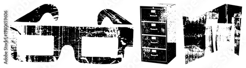 Retro eyewear, office filing cabinet, ergonomic chair, distressed black vector art, office furniture, stylized workspace.