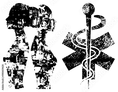 Grunge style nurse profiles and Star of Life emblem, medical, healthcare vector art, distressed illustration, emergency services symbol.