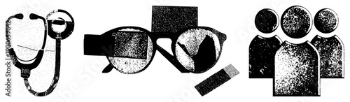 Medical stethoscope, prescription eyeglasses, and simplified patient rendered in halftone texture, isolated vector graphic elements for healthcare or wellness themes.