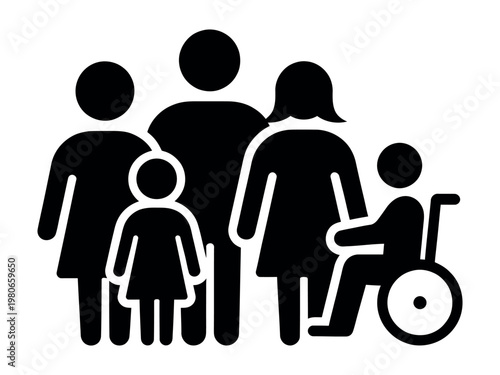 Diverse family group with wheelchair icon diversity inclusion disability wheelchair accessible community children silhouette representation together assistance mobility