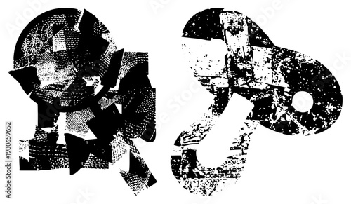 Stylized fragmented shapes forming abstract glyphs, halftone, graphic design elements, vector art composition.