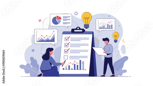Team of business analysts reviewing a checklist clipboard surrounded by financial charts, light bulb ideas, and professional growth icons.