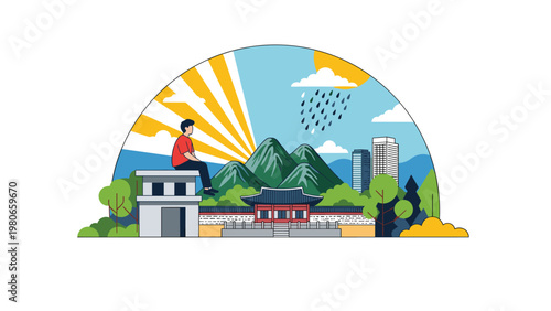 Peaceful scenic view of a traditional Korean palace and mountains with a person sitting on a roof enjoying the sun and rain.