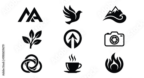 Minimalist black logo icons set, collection of 9 modern vector symbols, flat geometric branding elements for corporate identity and web design
