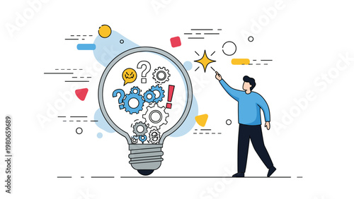 Creative person finding a sparkling solution by exploring ideas, gears, and logic inside a large light bulb shaped conceptual frame.
