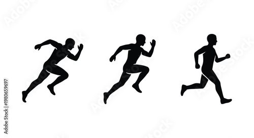 Athletic running man silhouettes, male sprinter sprinting sequence, black vector runner figures in motion, sports and fitness icons