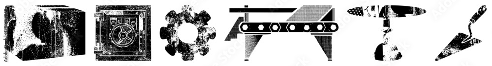 Fototapeta premium Set of six halftone industrial including gear, safe, conveyor belt, airplane, trowel, and cube vector graphics for design, engineering, or manufacturing contexts.