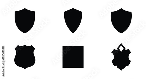 Black shield icons set, heraldic protection symbols in flat vector style, 6 security badge silhouettes for logo design and branding