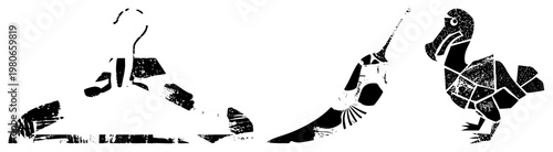 Vector cutout of extinct creatures dodo bird, T, and prehistoric bird, rendered in fragmented black shapes with distressed texture, isolated on transparent background.