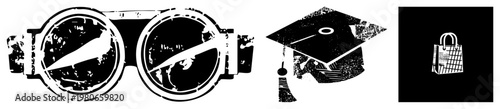 Retro aviator goggles with distressed texture, graduation cap with tassel, shopping bag with grid, all in vector style.