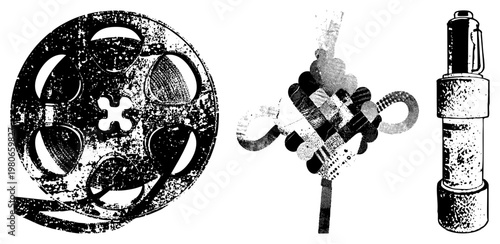 Retro film reel with perforated holes, ornate Chinese knot with halftone texture, vintage flashlight with textured casing, all in vector style.