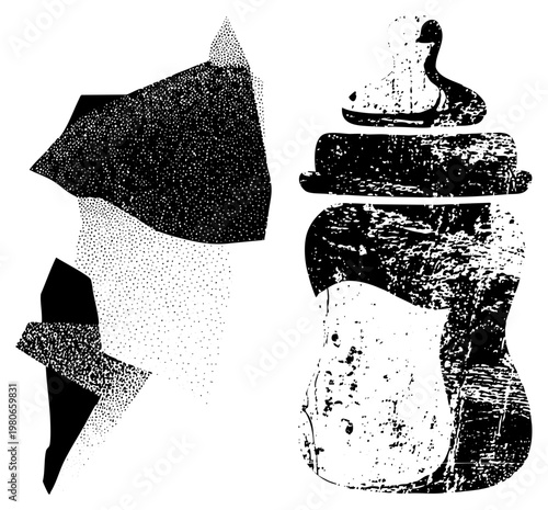 Stylized vector forms using halftone dots and gritty textures, abstract composition, graphic design elements, modern minimalism, art.