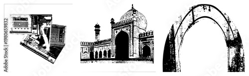 Islamic mosque with dome and entrances, halftone vector illustration, architectural design, Islamic art, religious structure, sacred space, prayer hall.