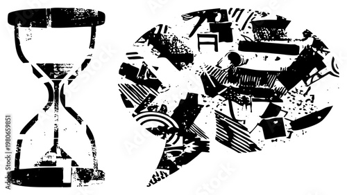 Hourglass symbolizing time passage beside chaotic brain fragments, stylized vector graphic, distressed art, psychological concept, isolated set.