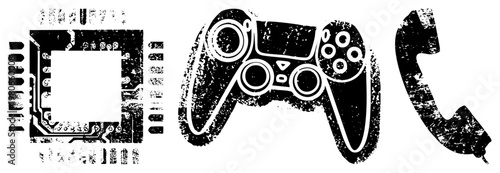 Retro tech symbols including circuit board chip, gaming controller, and telephone handset, rendered in distressed vector art. Synonyms digital relics, analog interfaces, tech nostalgia.
