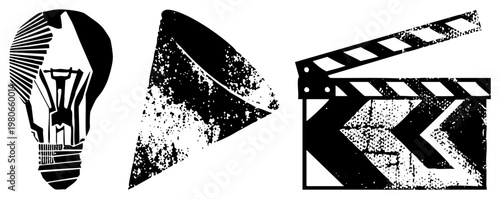 Filmmaking clapperboard, lightbulb of ideas, film reel triangle grunge for creative industries, digital, and visuals.