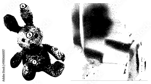 Black and white halftone plush rabbit with screw eyes, seams, and textured fur, isolated vector graphic, toy design, cartoon character, child’s companion, toy mascot.