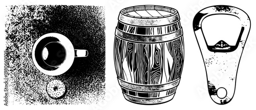 Coffee mug overhead view, wooden barrel with staves, bottle opener tool, black and white halftone vector art, isolated beverage items, rustic kitchen tools.