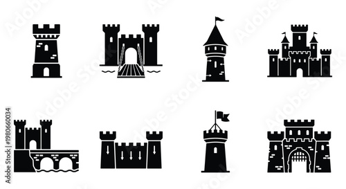 Medieval castle icon set, 8 black silhouette fortress vector elements, ancient stone tower and citadel illustrations for gaming and history