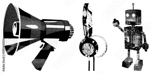 Retro stylized megaphone, over ear headphones, and blocky robot rendered in halftone dots, vector graphic,, vintage pop art style, isolated elements.