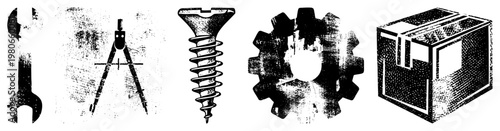 Halftone wrench, compass, screw, gear, box technical drafting & mechanical engineering symbols, vector with distressed effect.